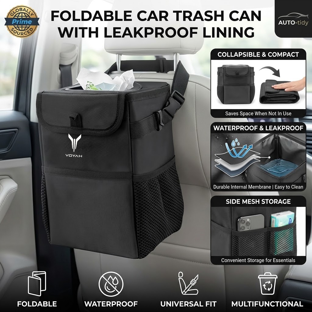 Waterproof Car Trash Can With Lid - صندوق قمامة للسيارة قابل للطي، محمول،